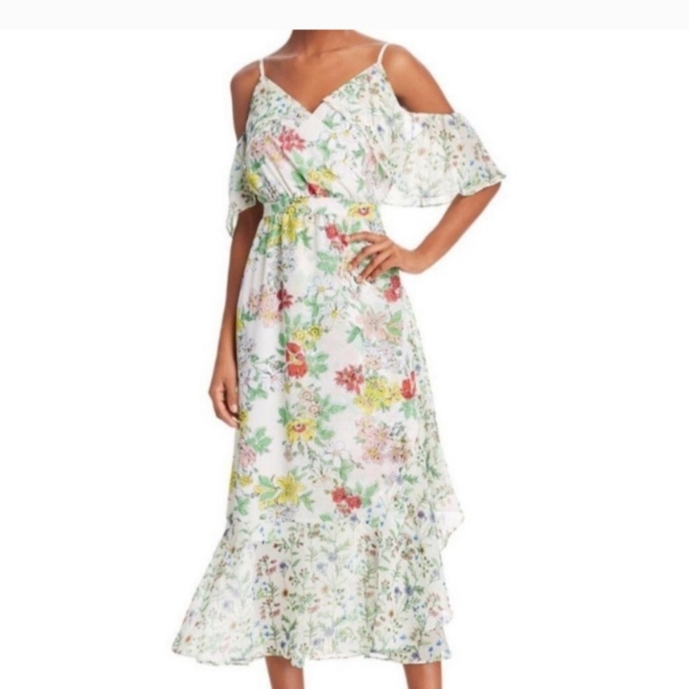 Nanette Lepore Cold Shoulder Spaghetti Strap Floral Ruffled Dress Bella sz 6
